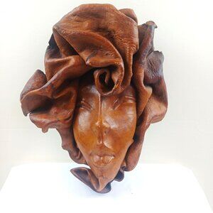 Hand Carved Leather Mask Woman's face Wall Mask Sculpture Folk Art African Style